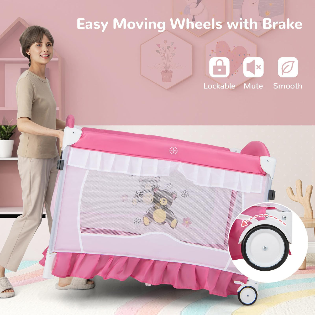 4-in-1 Pack and Play with Canopy, Changing Table and Bassinet, Hot Pink J116611