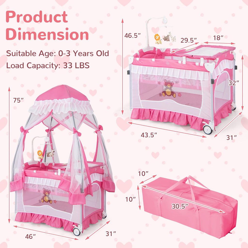 4-in-1 Pack and Play with Canopy, Changing Table and Bassinet, Hot Pink J116611