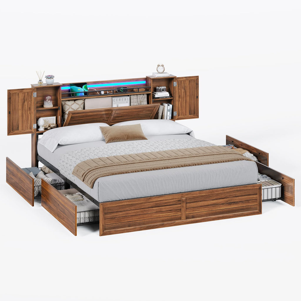 Brown Full Size Wood Bed Frame with Headboard and Storage I40896