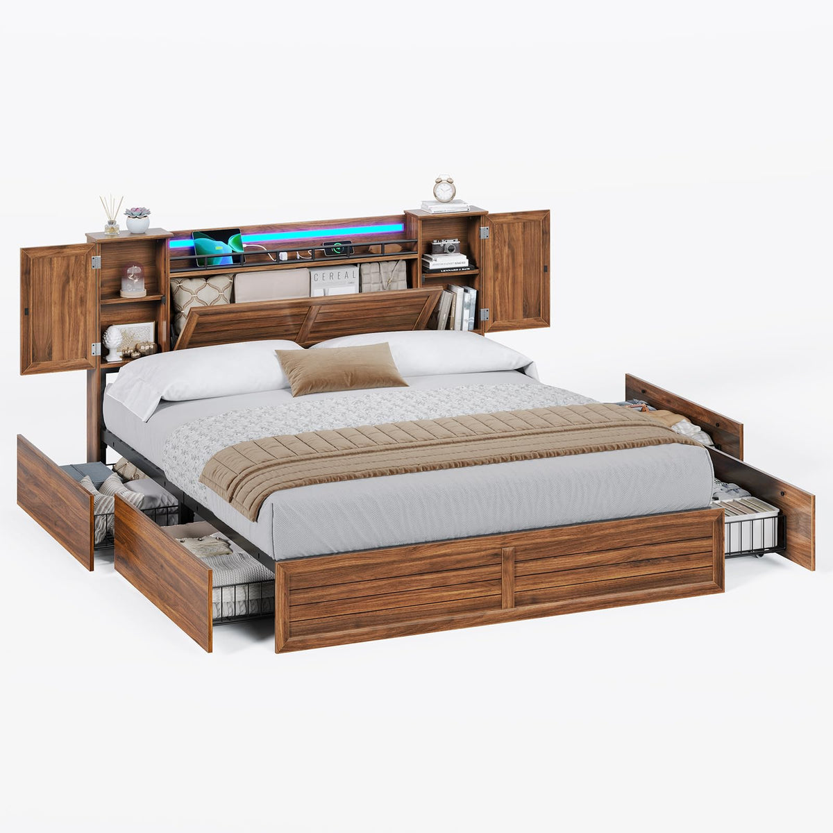 Brown Full Size Wood Bed Frame with Headboard and Storage I40896