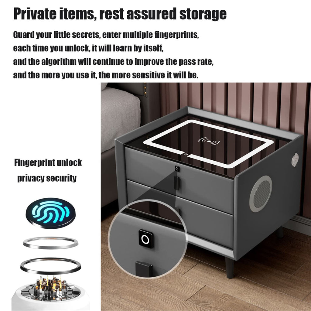 Gray Nightstand with Lock Drawer, Wireless Charging, USB Port and LED Lights L26976