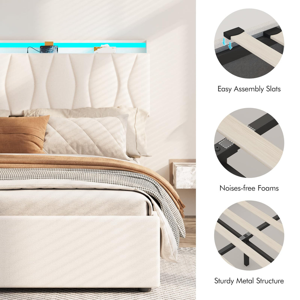 Beige Full Size Lift Up Storage Bed Frame with Charging Station K463