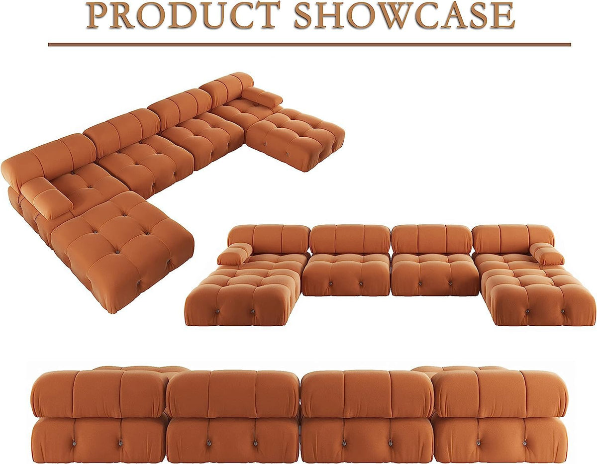Orange Velvet U-Shaped Sectional Sofa with Chaise L967
