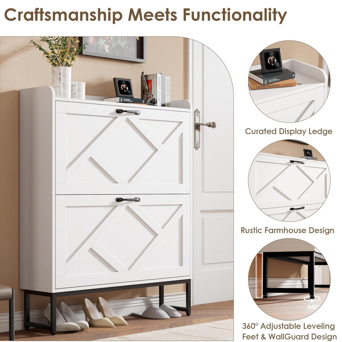 White 2 Flip Drawer Shoe Storage Cabinet U9012