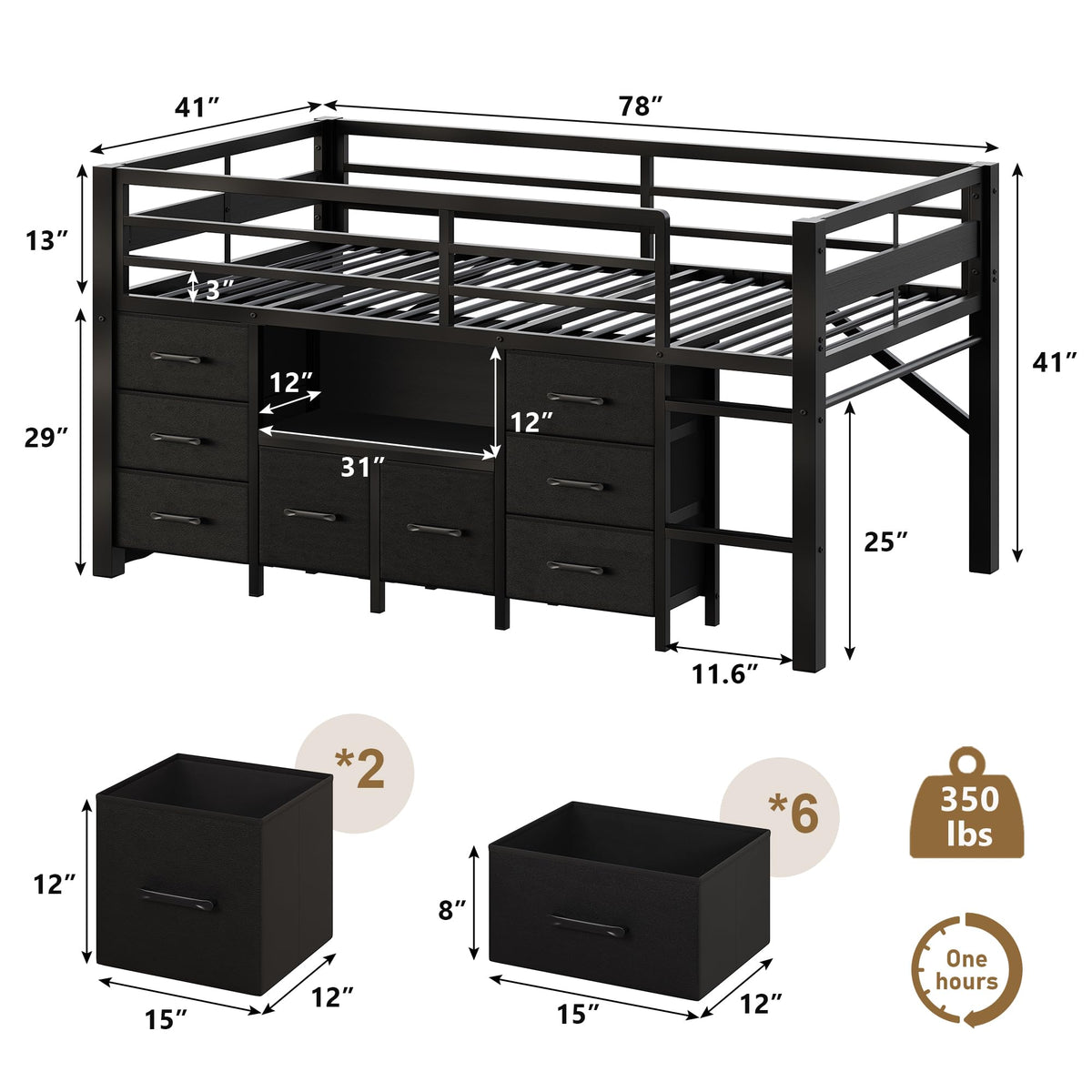 Black Twin Size Low Loft Bed with 8 Storage Drawers T719