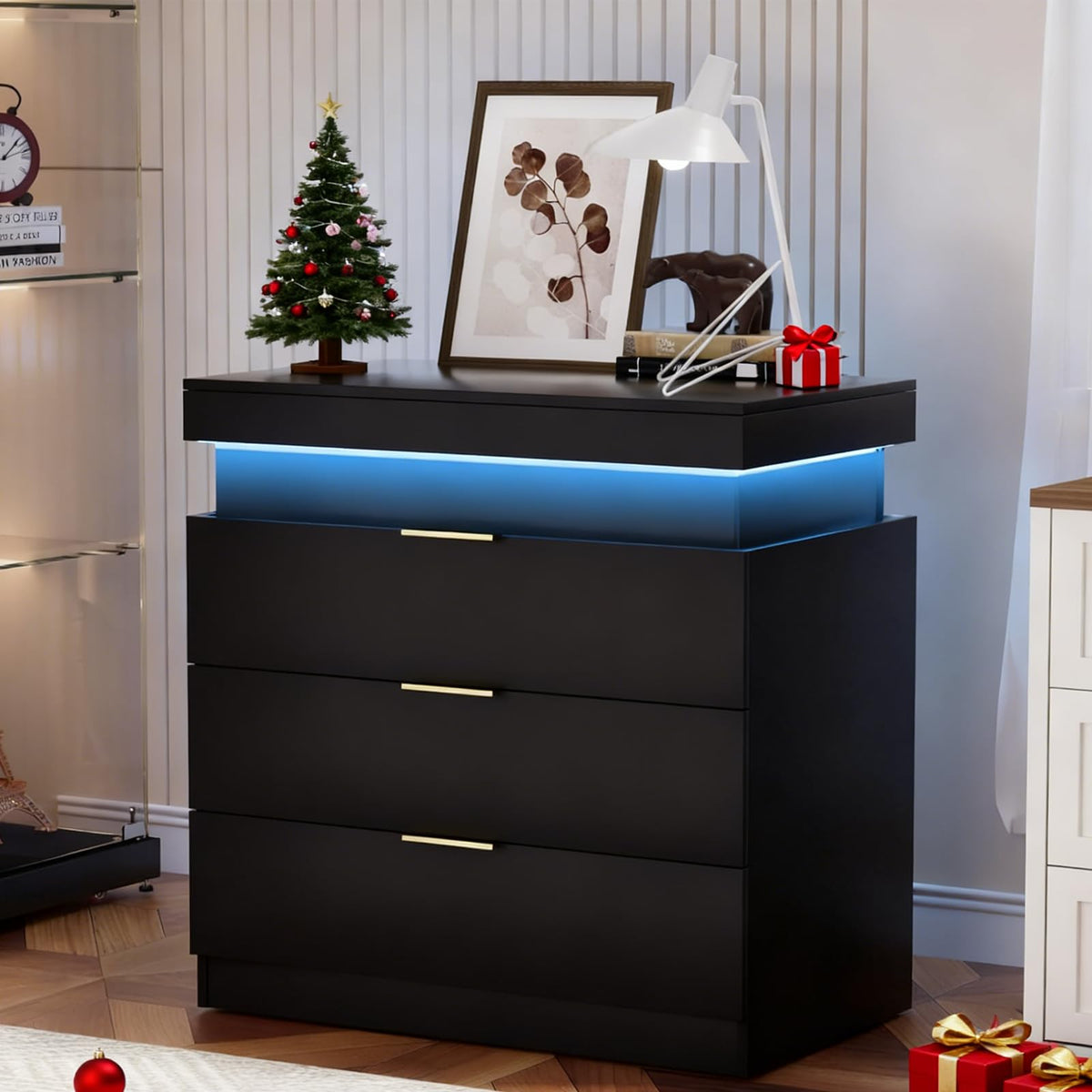 Black Nightstand with Charging Station and LED Lights P656