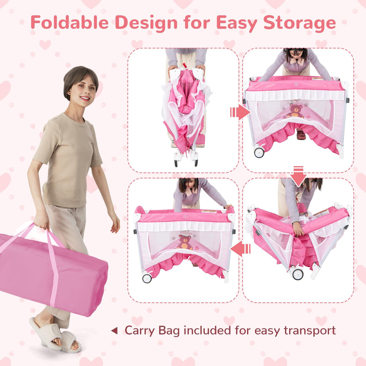 4-in-1 Pack and Play with Canopy, Changing Table and Bassinet, Hot Pink J116611