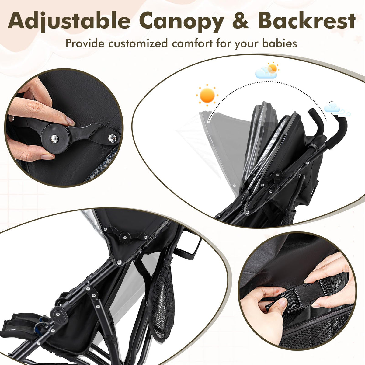 Lightweight Double Umbrella Stroller with Cup Holder and Adjustable Canopy Y972