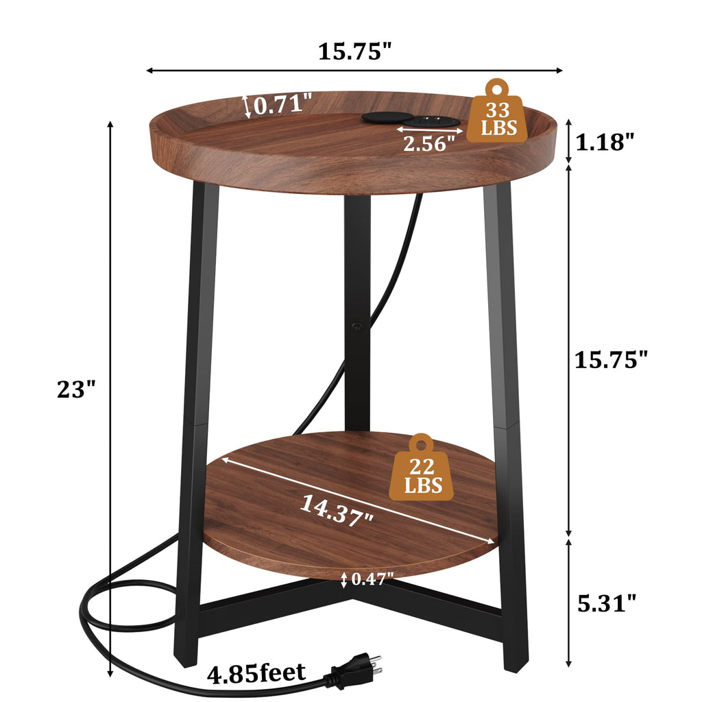 Round Industrial Side Table with Charging Station, 2-Tier Metal Frame D652204