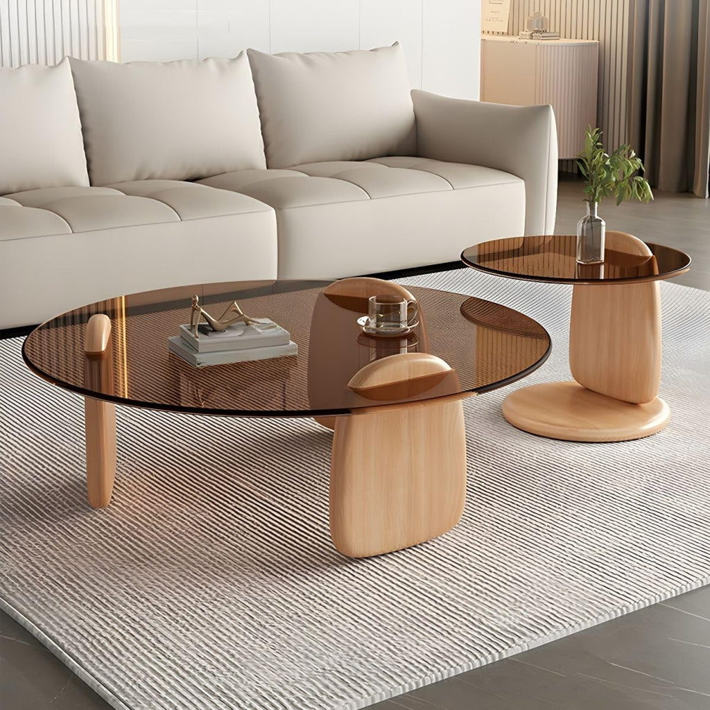 Nesting Coffee Table Set of 2 Glass Round Top Wood Legs Y74501