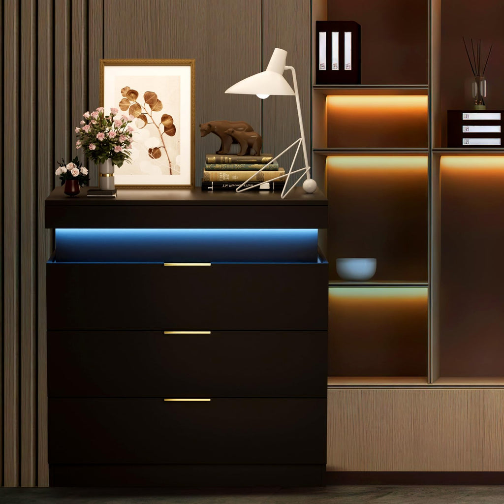 Black Nightstand with Charging Station and LED Lights P656