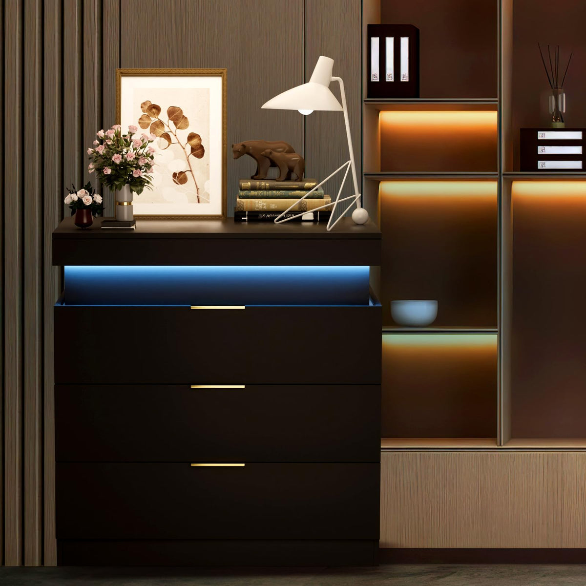 Black Nightstand with Charging Station and LED Lights P656