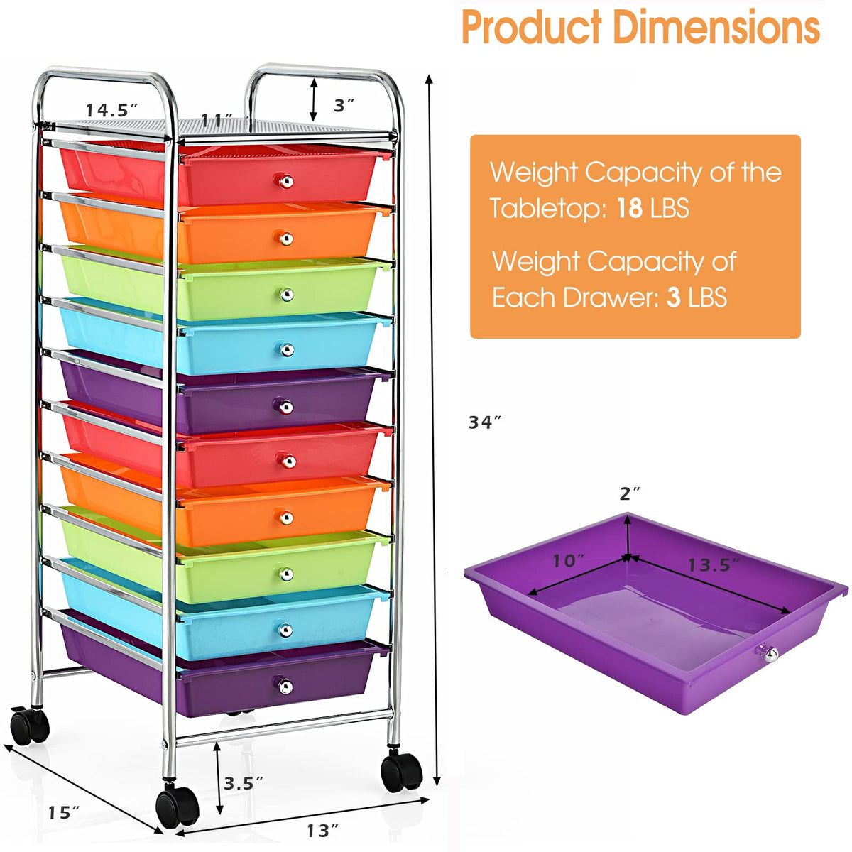 10 Drawer Rolling Storage Cart with Wheels G2920