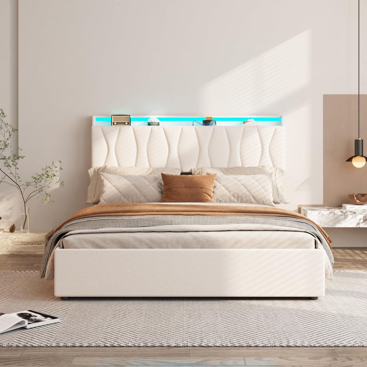 Beige Full Size Lift Up Storage Bed Frame with Charging Station K463