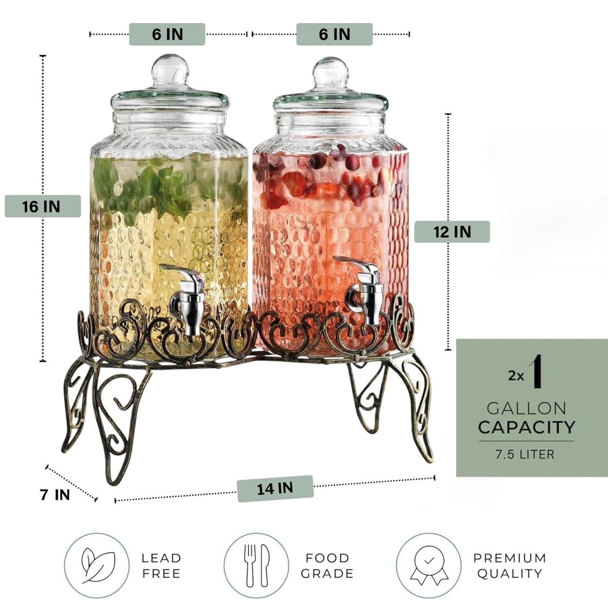 1 Gallon Glass Beverage Dispenser with Spigot Set of 2 Y1789