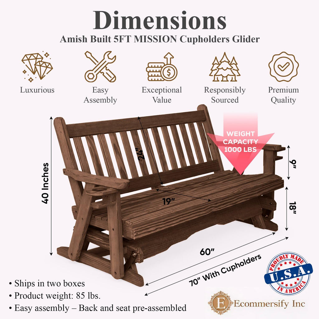 5 FT Walnut 3 Person Solid Pine Wood Glider Bench B31845