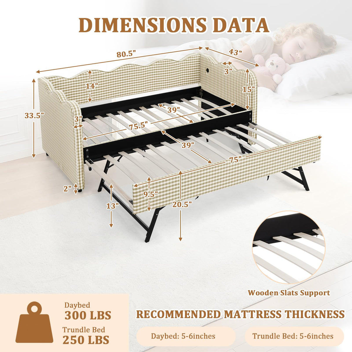 Twin Size Gingham Upholstered Daybed with Trundle and USB Ports V592