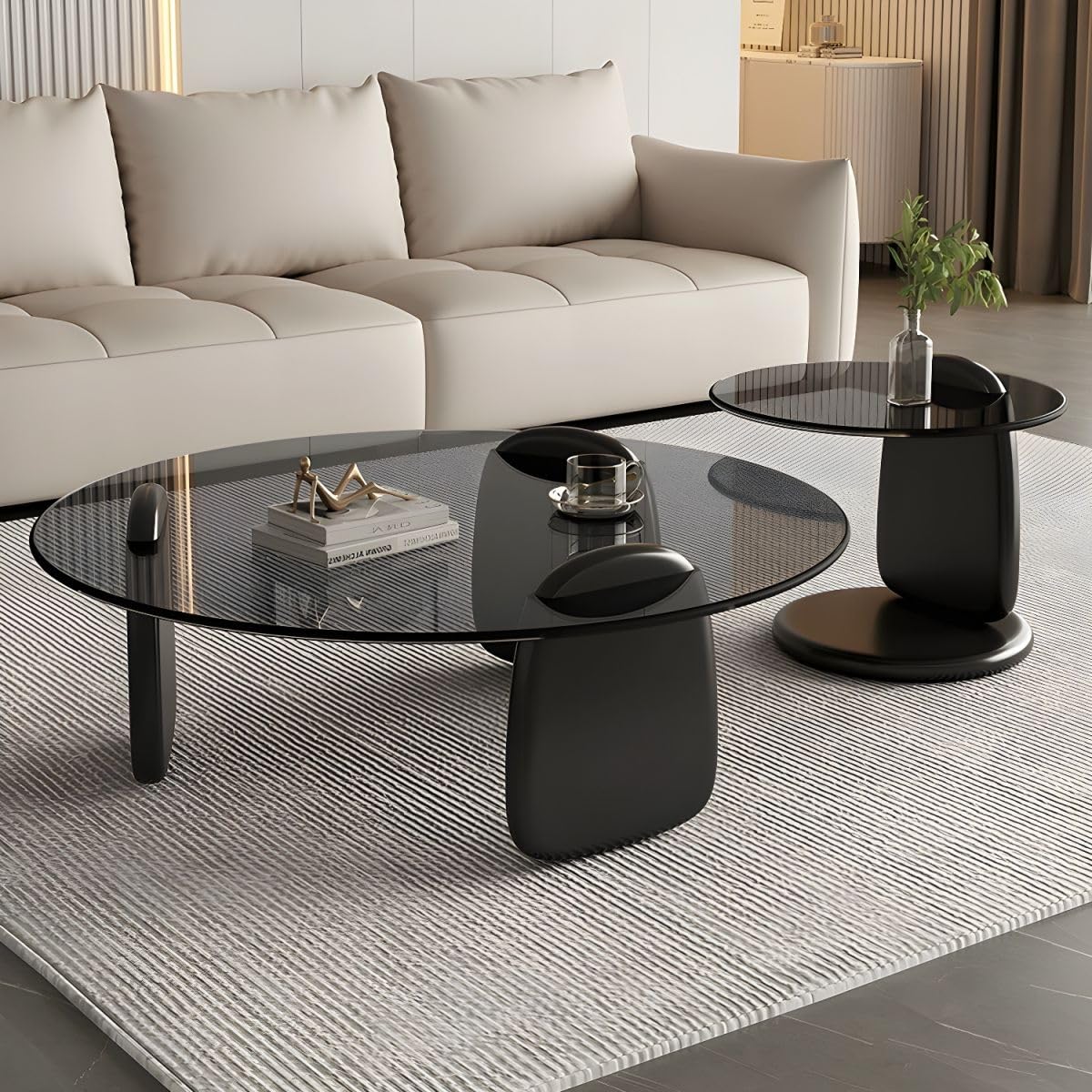Nesting Coffee Table Set of 2 Glass Round Top Wood Legs Y74501