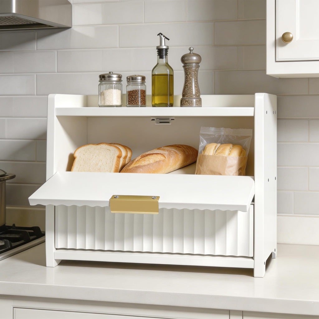 White Double Layer Wooden Bread Box A634071