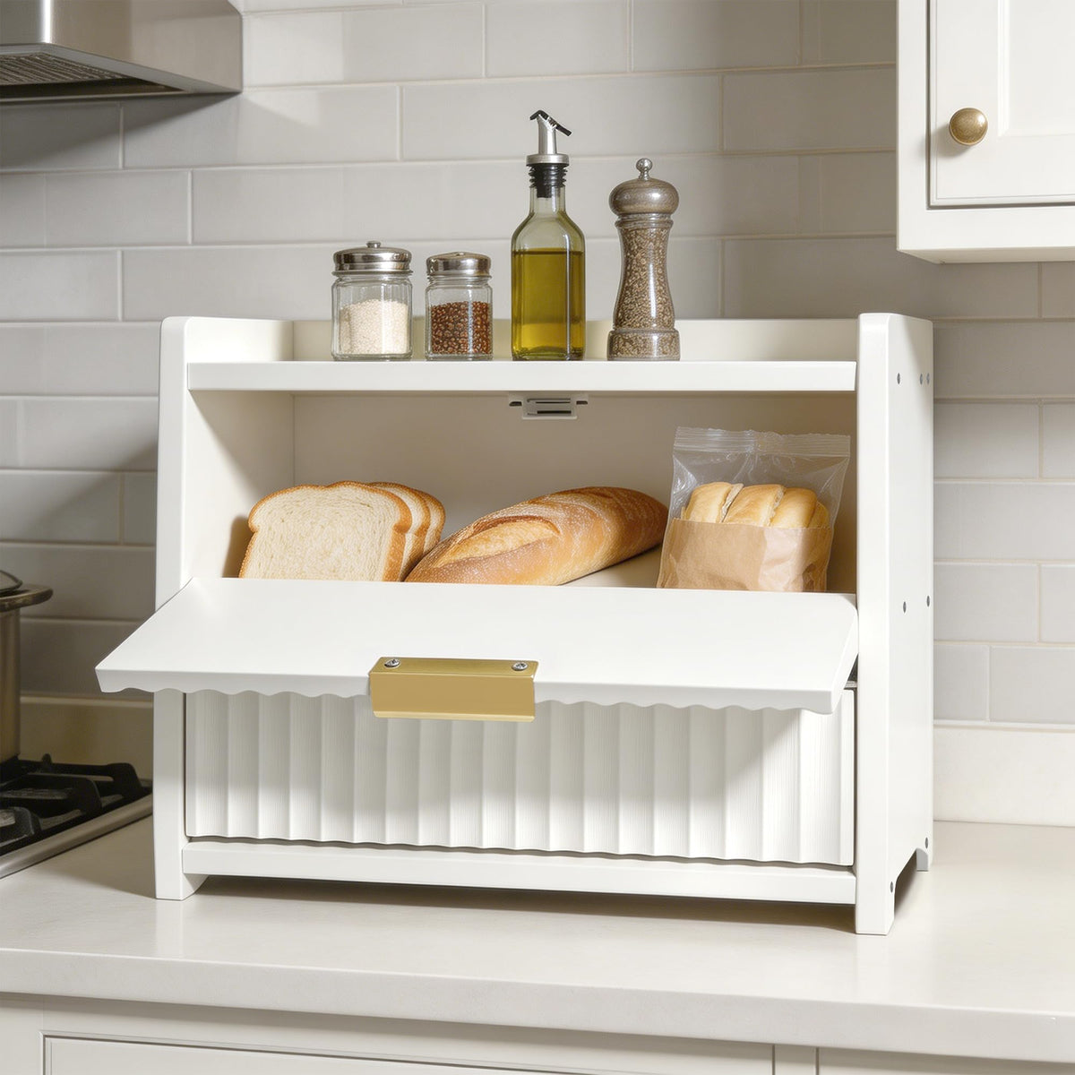 White Double Layer Wooden Bread Box A634071