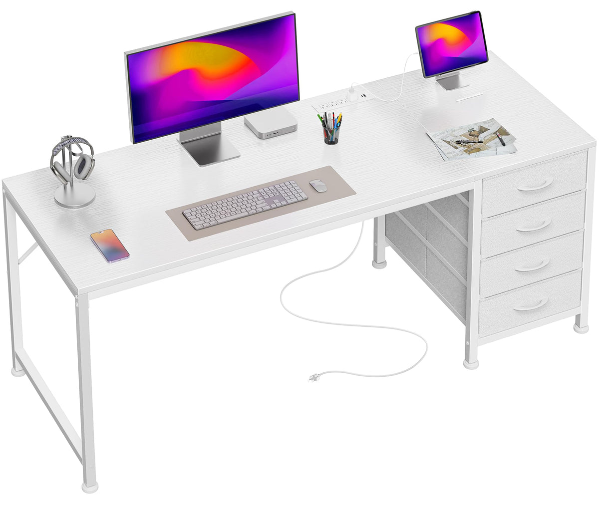 55.1 Inch White Desk with Power Outlets and USB-C Port X74268