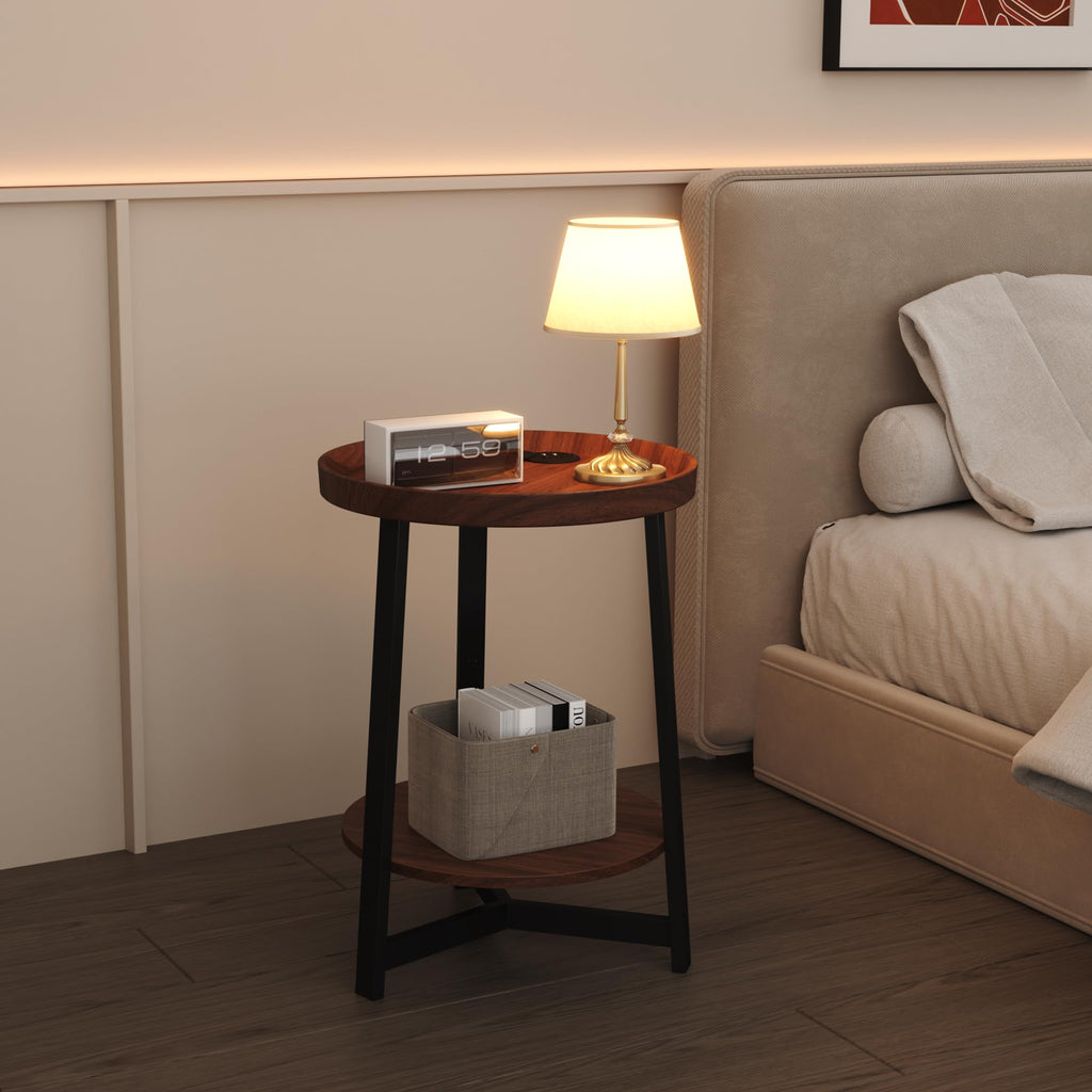 Round Industrial Side Table with Charging Station, 2-Tier Metal Frame D652204