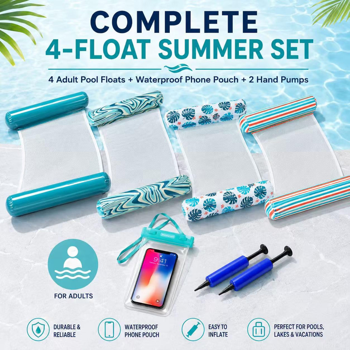 4-Pack Inflatable Pool Floats with Air Pump & Phone Pouch C39842