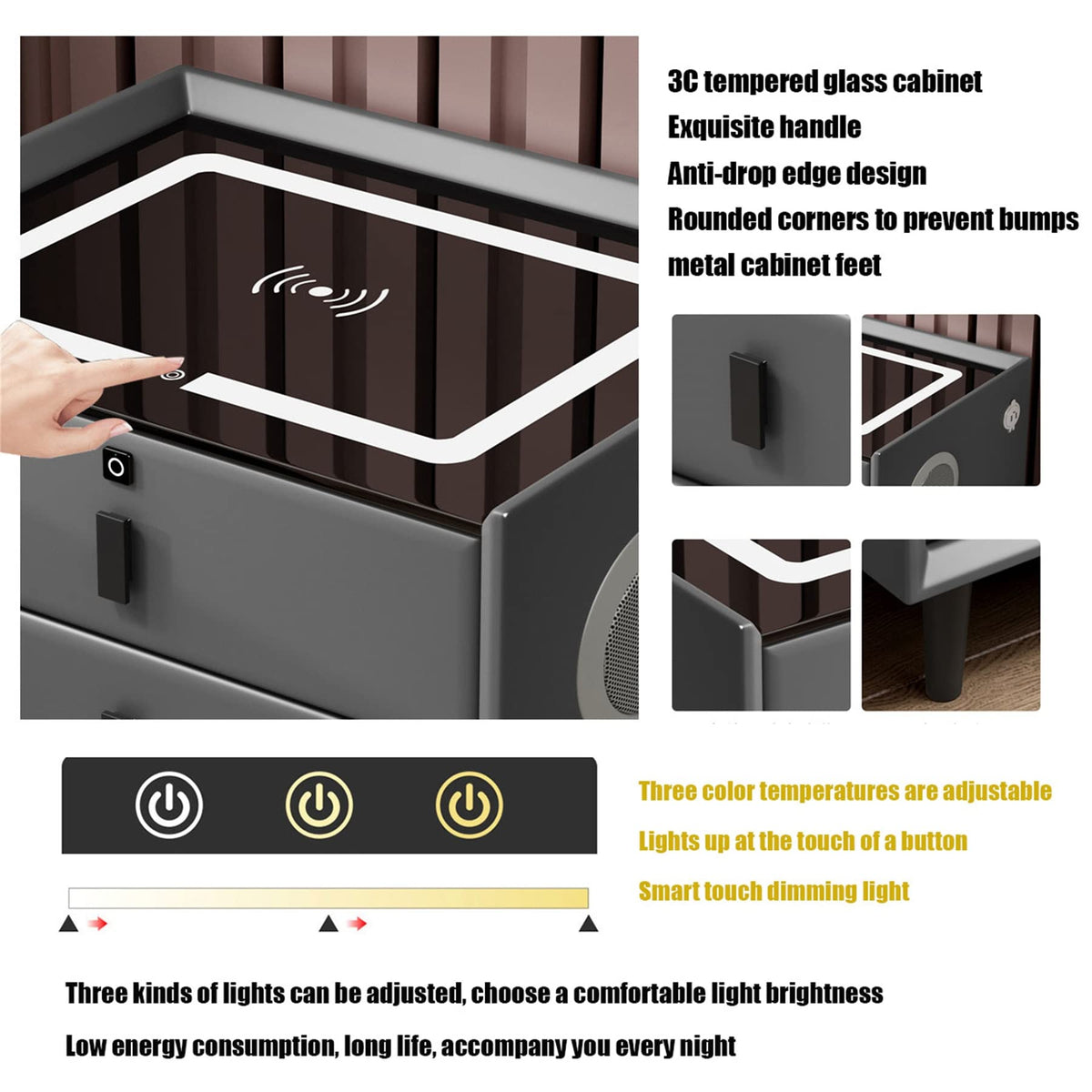 Gray Nightstand with Lock Drawer, Wireless Charging, USB Port and LED Lights L26976