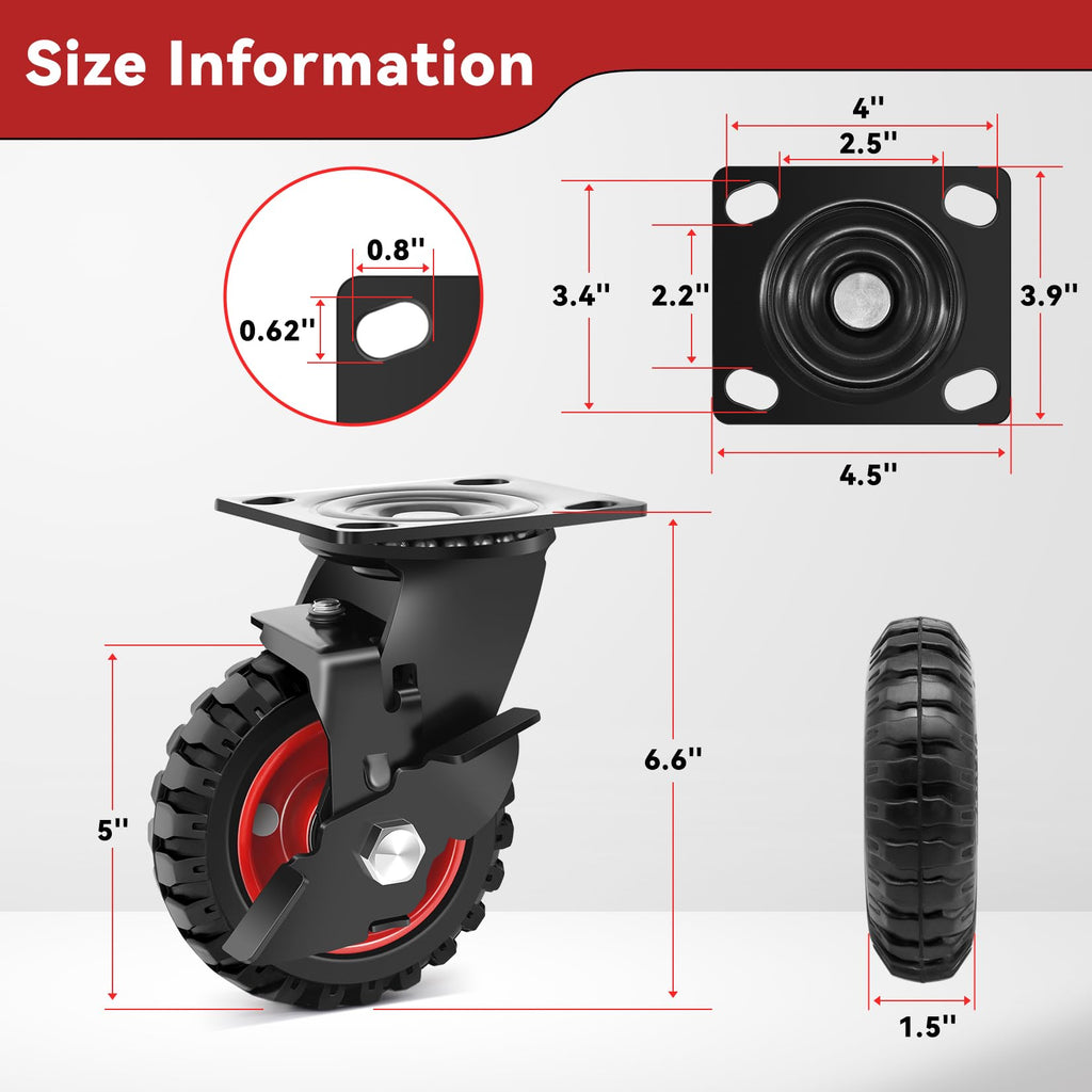 5 Inch Heavy Duty Solid Rubber Casters Set of 4 with Knobby Tread L503