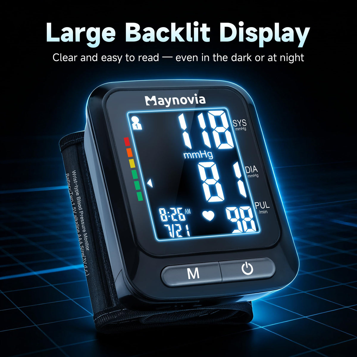Wrist Blood Pressure Monitor, Backlit LCD, 5.3-8.5 in Cuff, Black L208