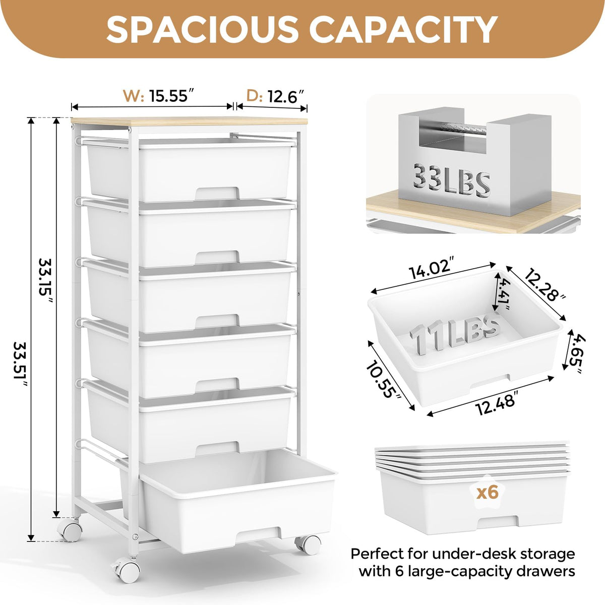 6 Drawer Rolling Storage Cart with Wooden Top and Wheels S504