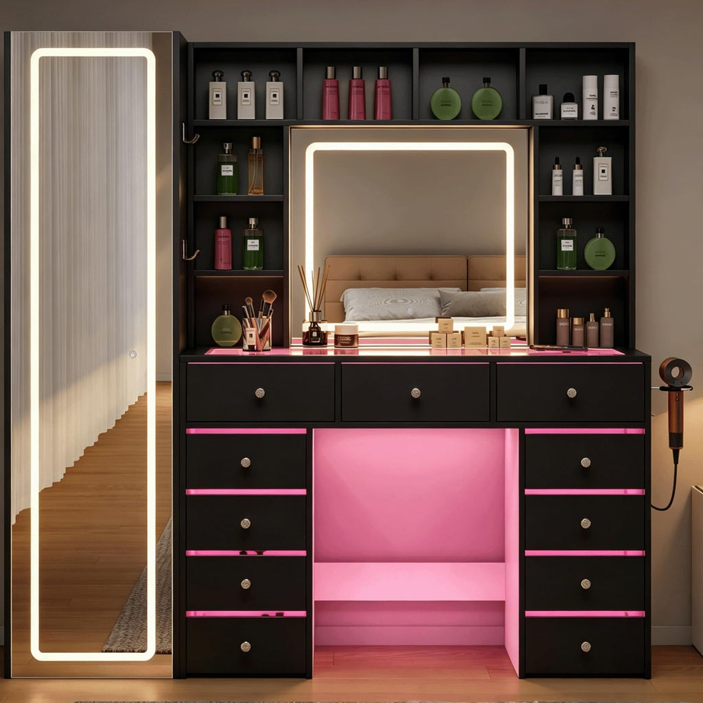 Full Length Mirror Vanity Desk with LED Mirror and 11 Drawers K52690