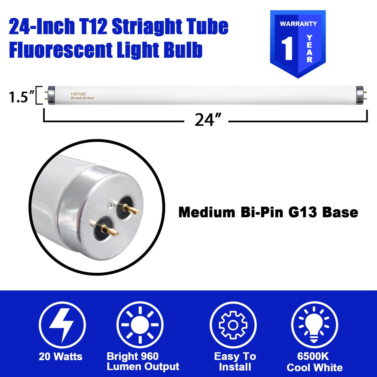 20 Watt T12 Fluorescent Tube Light Bulb Daylight 4 Count C558992