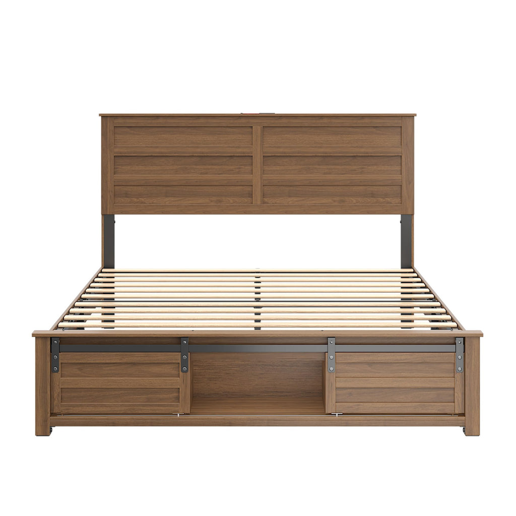 Queen Size Wooden Bed Frame with Headboard and Storage Footboard E438393