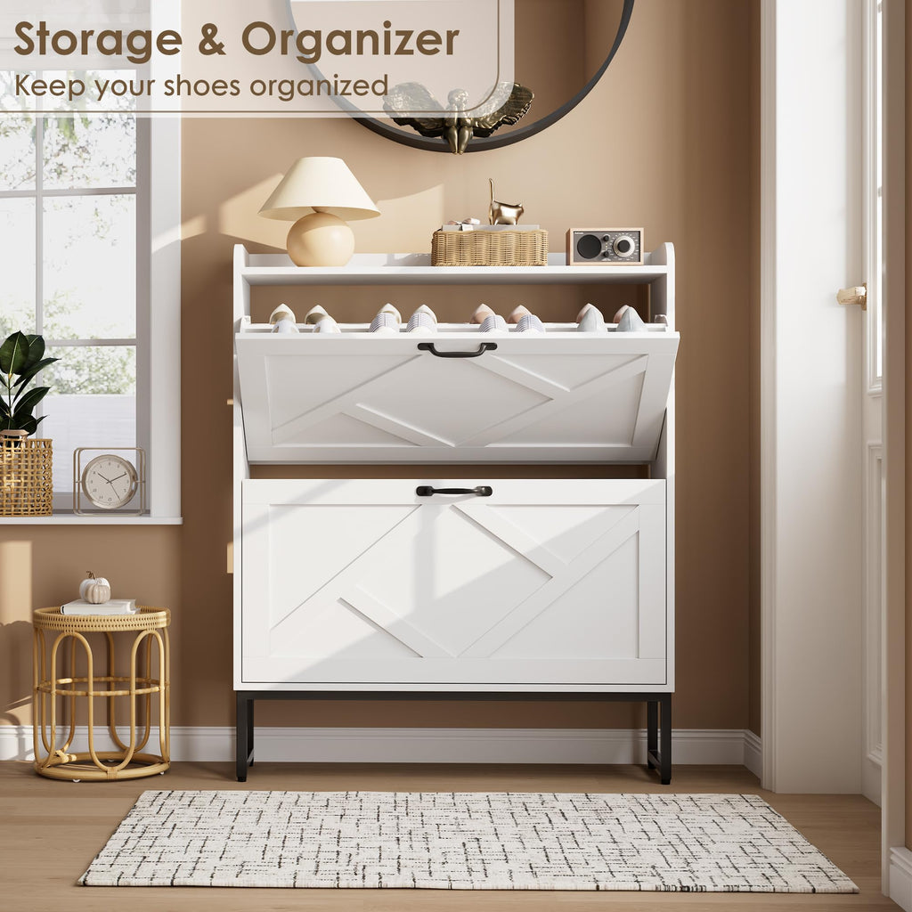 White 2 Flip Drawer Shoe Storage Cabinet U9012