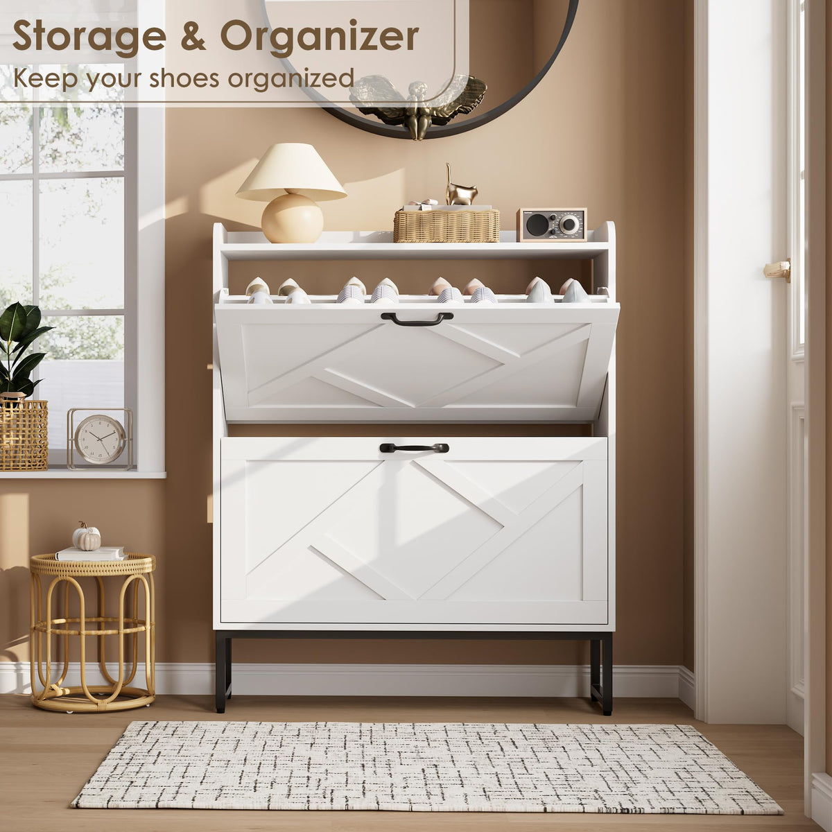 White 2 Flip Drawer Shoe Storage Cabinet U9012