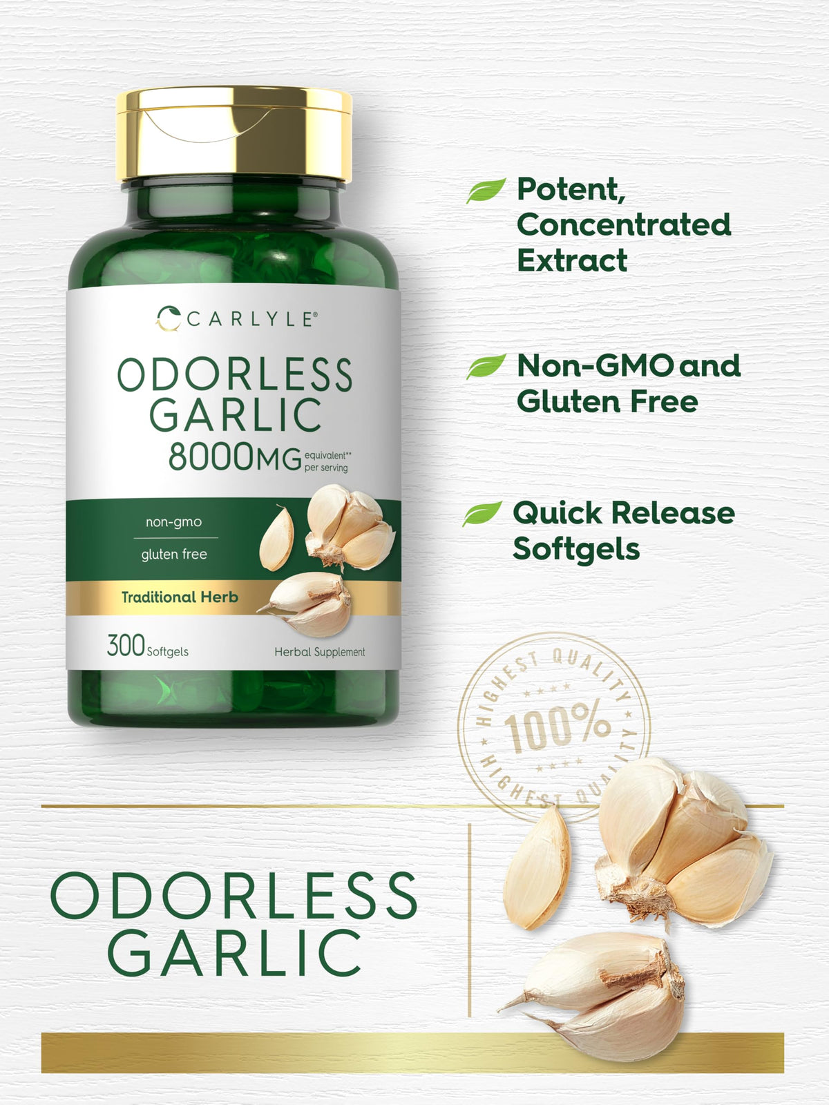 Odorless Garlic Softgels Supplement 300 Count G9943