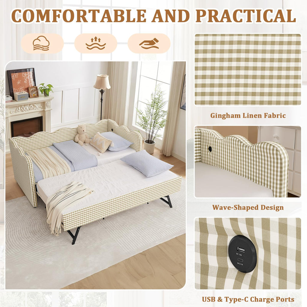 Twin Size Gingham Upholstered Daybed with Trundle and USB Ports V592