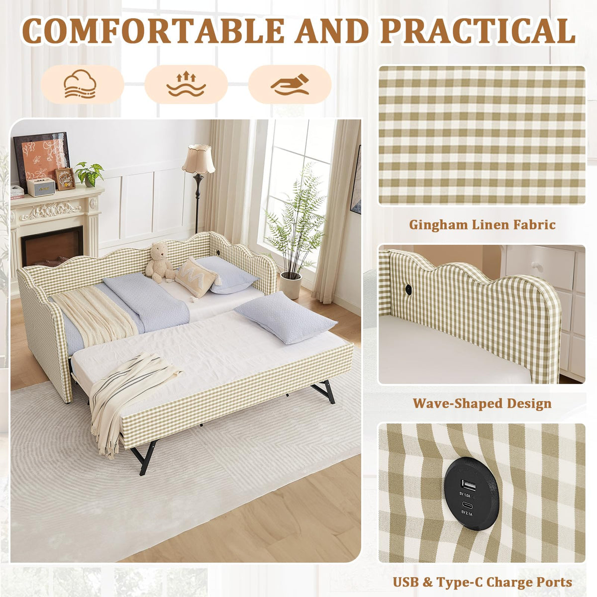 Twin Size Gingham Upholstered Daybed with Trundle and USB Ports V592