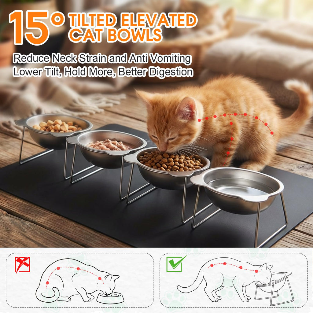 4 Set Elevated Stainless Steel Cat Food Water Bowls I27813
