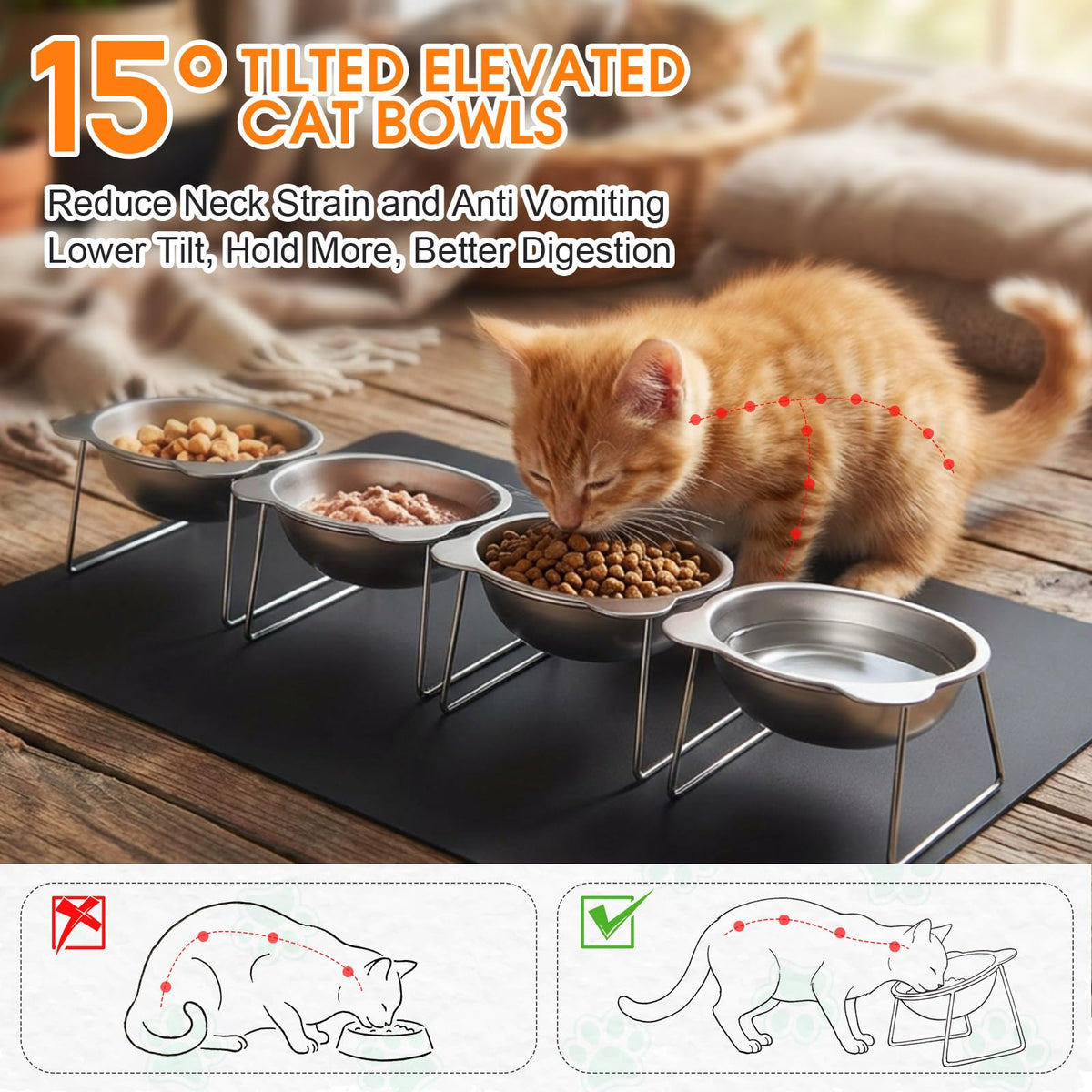 4 Set Elevated Stainless Steel Cat Food Water Bowls I27813