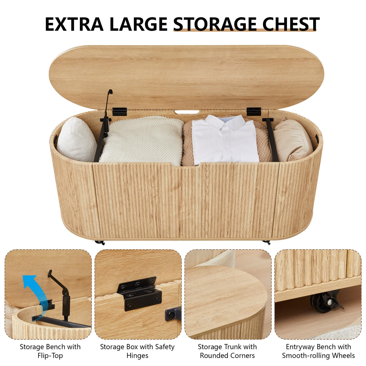 Natural Fluted Storage Bench with 4 Wheels N4400