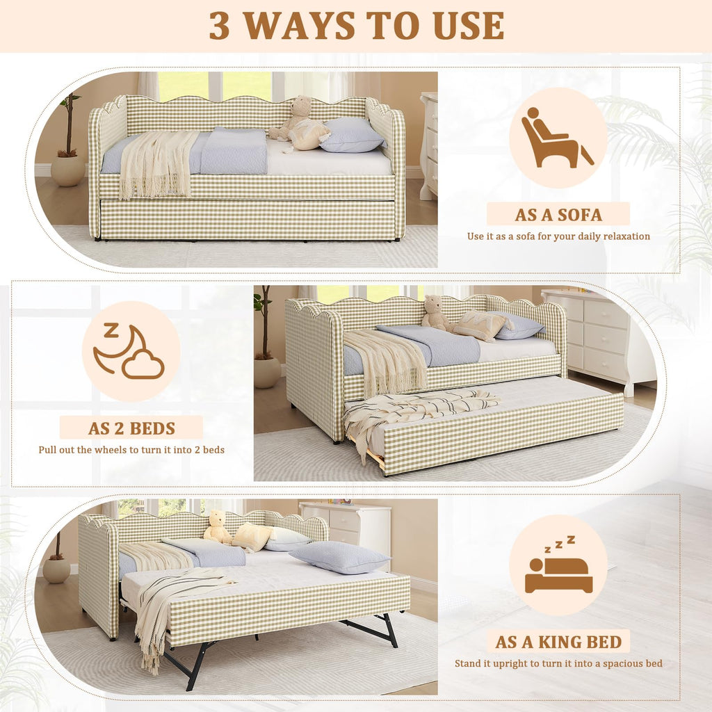 Twin Size Gingham Upholstered Daybed with Trundle and USB Ports V592