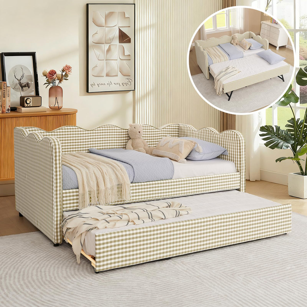 Twin Size Gingham Upholstered Daybed with Trundle and USB Ports V592