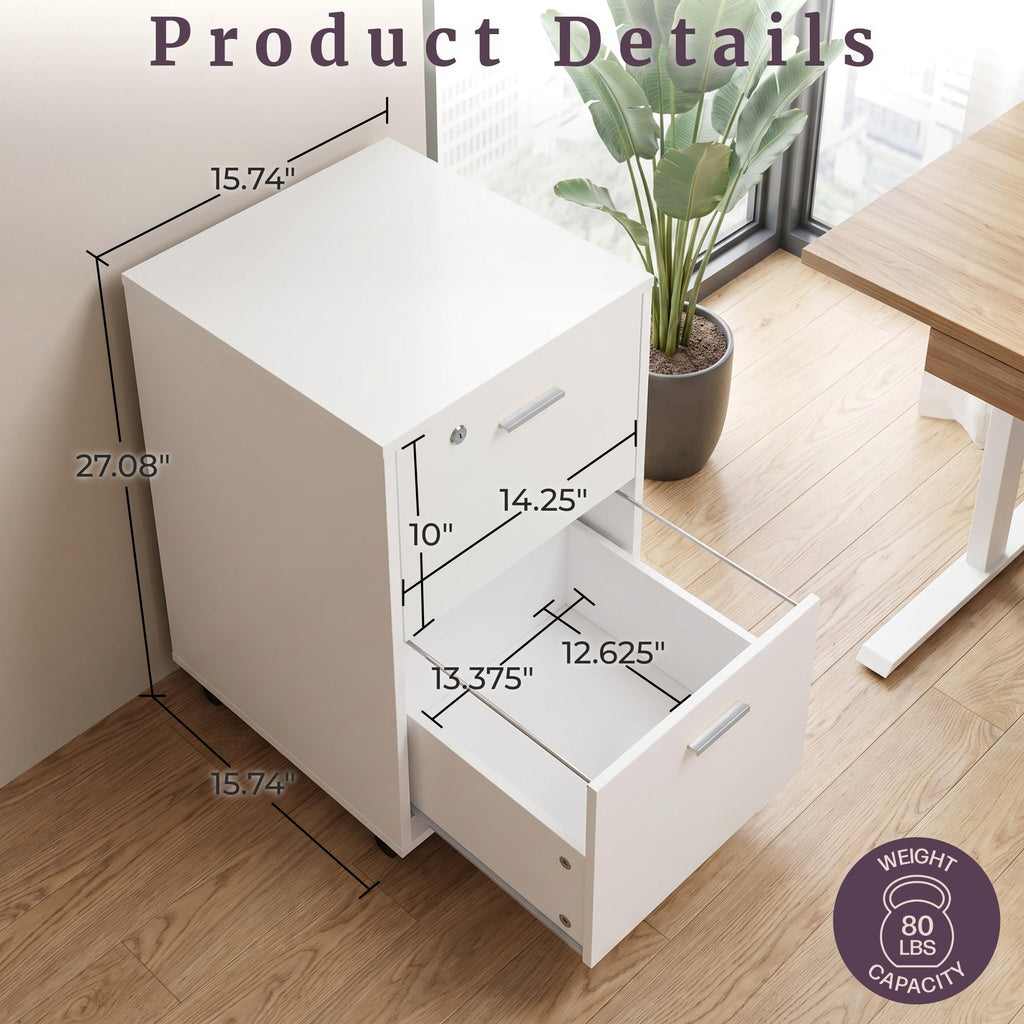 White 2-Drawer Wooden File Cabinet with Lock X7475