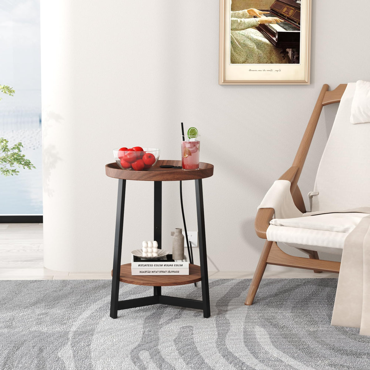 Round Industrial Side Table with Charging Station, 2-Tier Metal Frame D652204