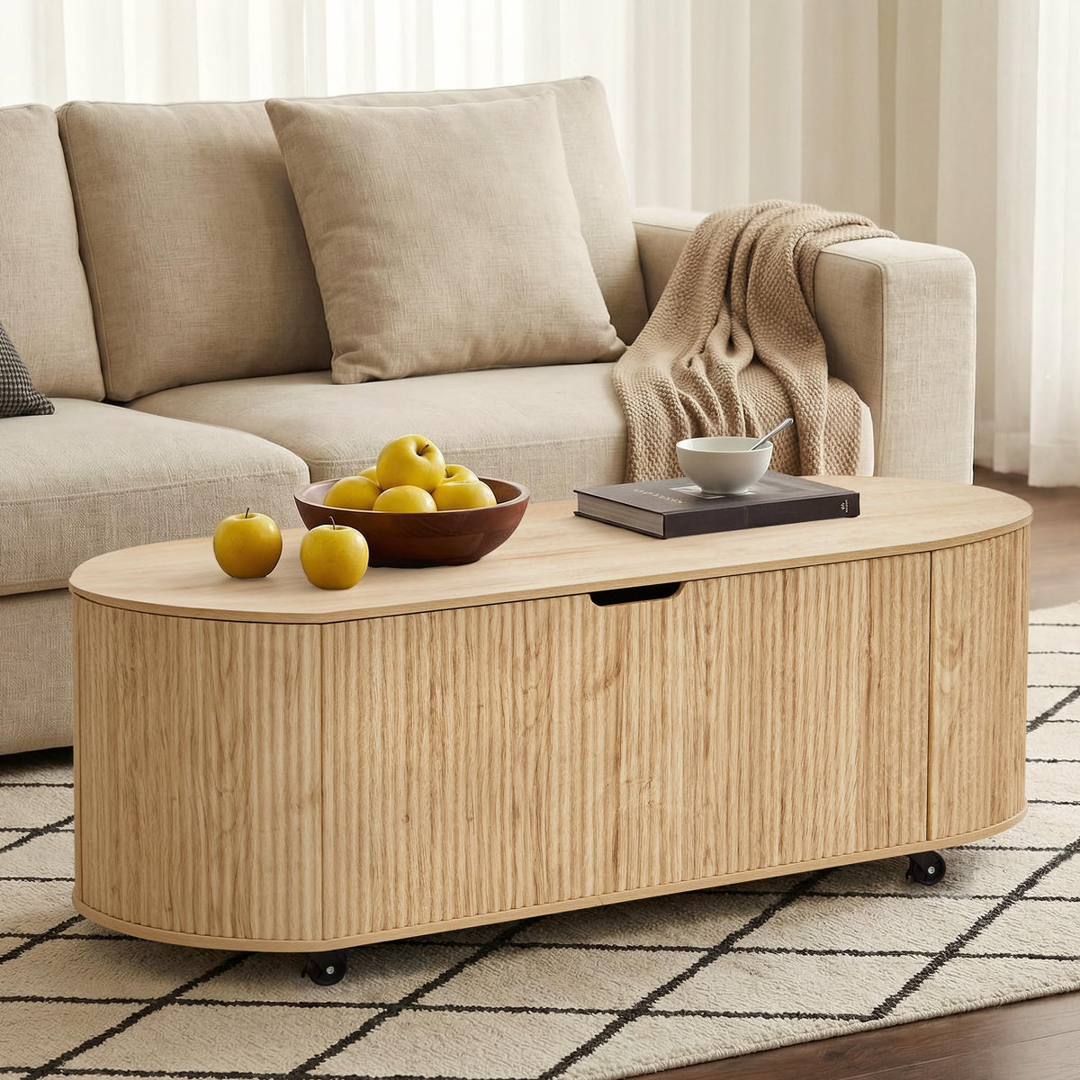Natural Fluted Storage Bench with 4 Wheels N4400