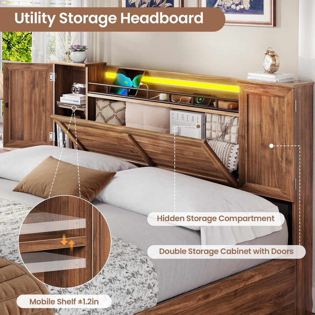 Brown Full Size Wood Bed Frame with Headboard and Storage I40896