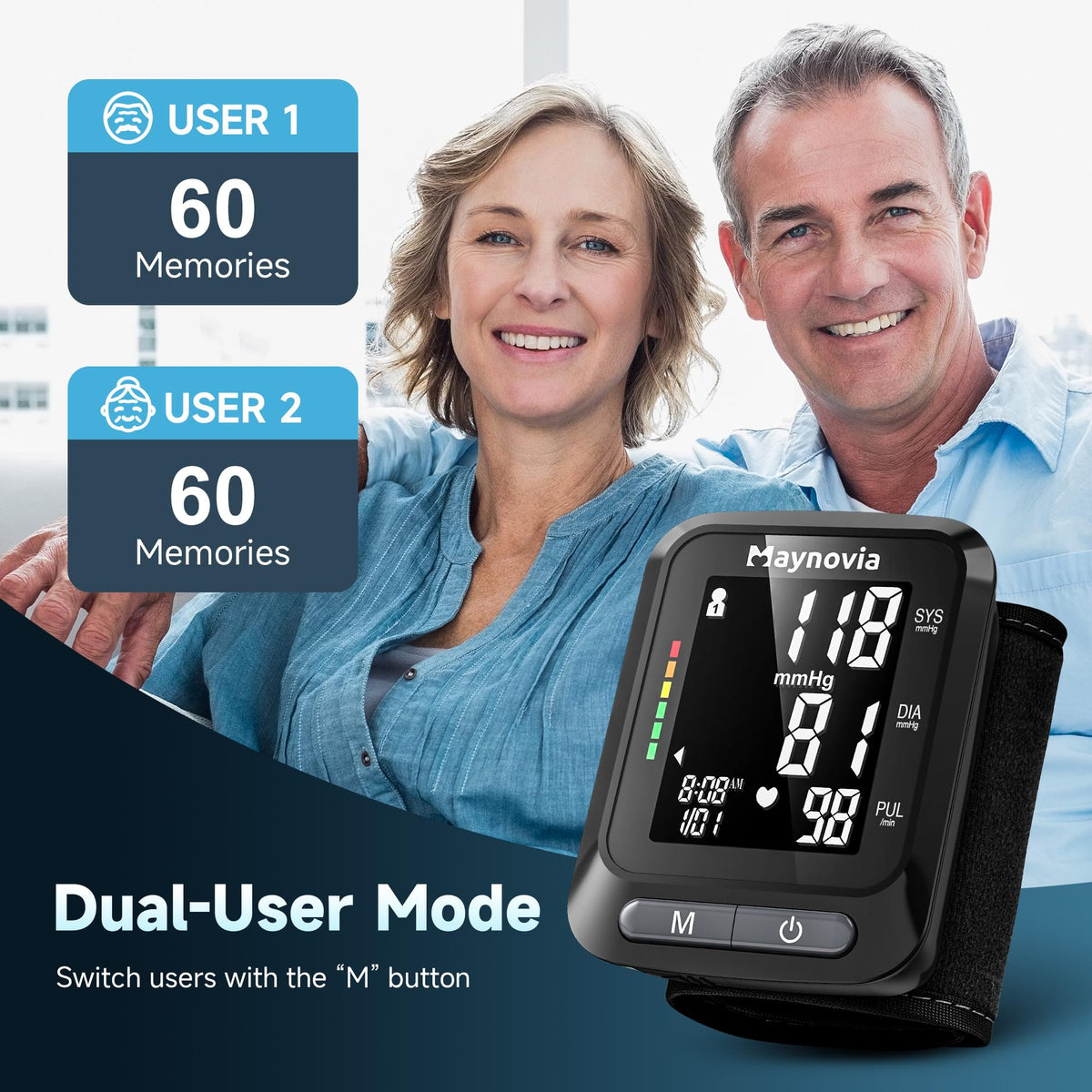 Wrist Blood Pressure Monitor, Backlit LCD, 5.3-8.5 in Cuff, Black L208