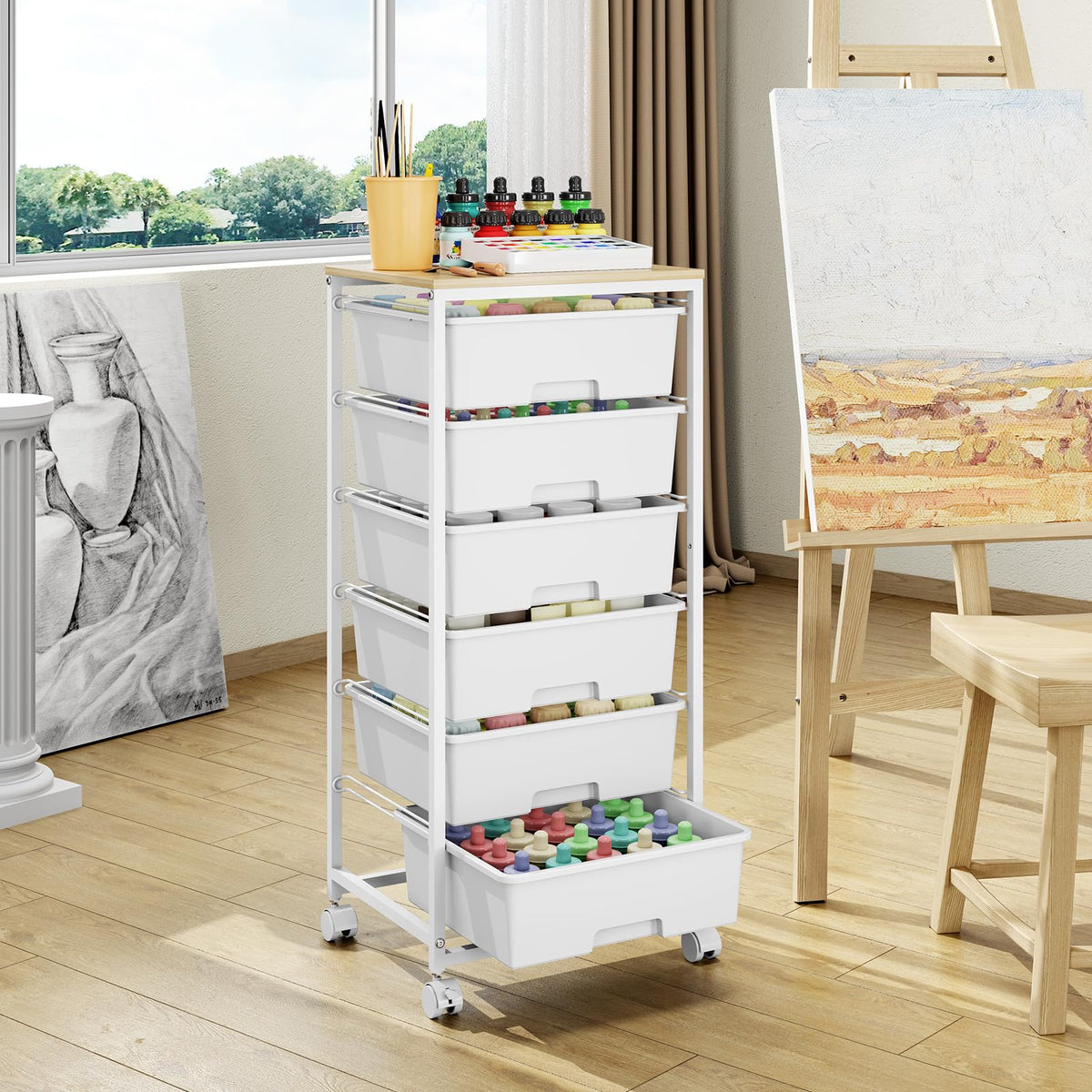 6 Drawer Rolling Storage Cart with Wooden Top and Wheels S504